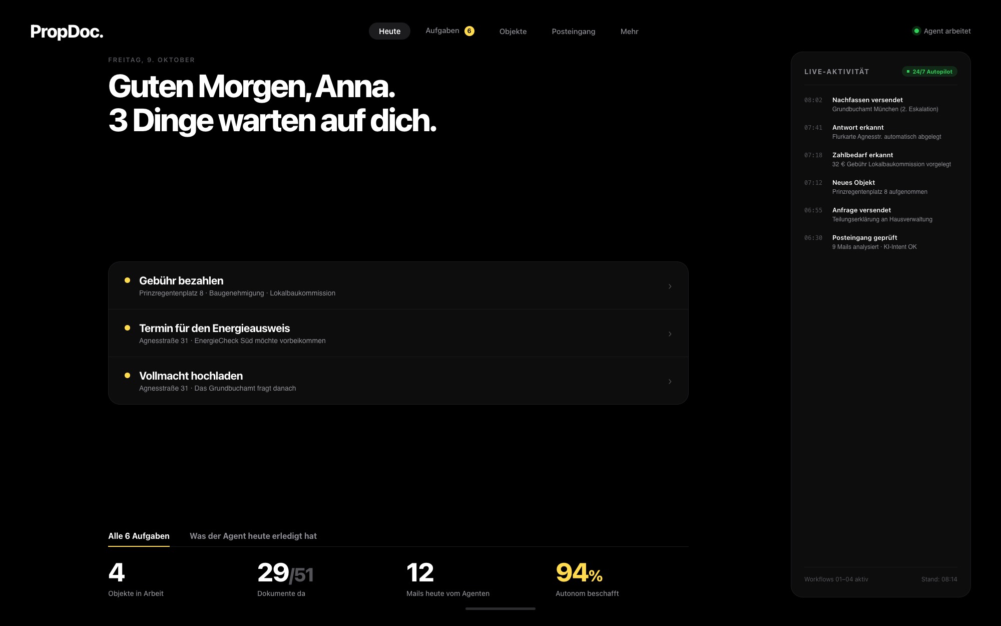 PropDoc-Dashboard mit Übersicht über aktive Objekte, offene Anfragen, den Status je Objekt und das Protokoll des Agenten
